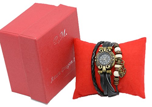 R.M. Fashion Lady Weave Leather wrap around Bracelet Watch,M18 - Black