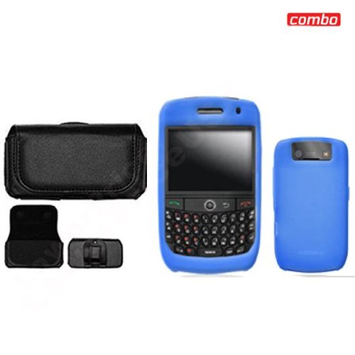 Blackberry Curve 8900 Javelin Combo Trans. Dark Blue Silicon Skin Case Faceplate Cover + Black Horizontal Leather Pouch for Blackberry Curve 8900 Javelin