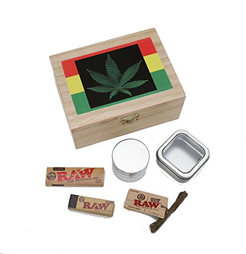 Rasta Leaf Tobacco Box Stash Box! 6 Pc. Raw Rolling Kit Includes Raw Rolling Papers, Raw Filter Tips, Raw Hemp Wick, Airtight Glass Jar and 4 Pc. Metal Grinder