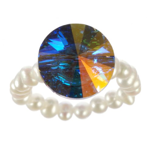 3.5-4mm White Freshwater Cultured Pearl Stretch Ring with Crystallized Swarovski Elements Crystal AB Button Stone Center