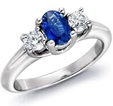 18K White Gold Oval Blue Sapphire & Round Diamond 3 Stone Ring (1/4 ctw)