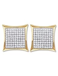 14k White and Yellow Two 2 Tone Gold Micro Pave Set Round Diamond Earrings Square Princess Shape - 13mm Height * 13mm Width (1/2 cttw)