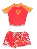 Coral Reef -Girls 2-Piece Short Sleeved Swim Set, Red, Orange
