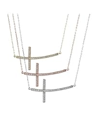 Alexandria Collection Rose Gold-plated Sterling Silver Cubic Zirconia Sideways Curved Cross Necklace