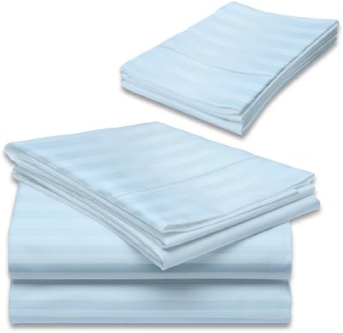 New Collection Luxurious 350tc 3 Pcs Fitted Sheet 100% organic Pima cotton Queen Lt Blue Stripe