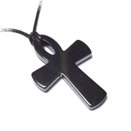 Pewterhooter Hematite Glass Ankh Pendant with Black Leather Cord with Gift Box