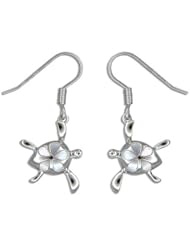 Sterling Silver Hawaiian Turtle White Mother Of Pearl Plumeria Lever Earrings