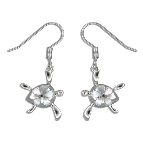 Sterling Silver Hawaiian Turtle White Mother Of Pearl Plumeria Lever Earrings