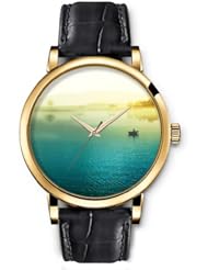 SPRAWL Aanalog Fashion Series Gold Ladies Watches of Genuine Black Leather Strap,Unique Wrist Watch for Women Girls Designed with Boat at sea