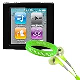 Premium Black Hard Shell Snap Case for Apple iPod Nano 6th Gen Skin Case (6th Generation Nano, 6G, 6th Gen) compatible with 8GB /16GB Apple iPod Nano Touchscreen + Green Headphones + Live * Laugh * Love Vangoddy Wrist Band!!!