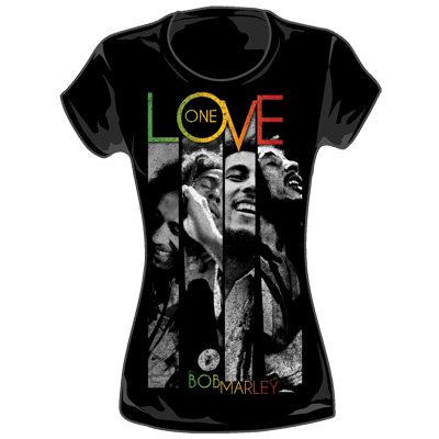 Bob Marley - One Love Stripes Juniors T-Shirt in Black, Size: Medium, Color: Black