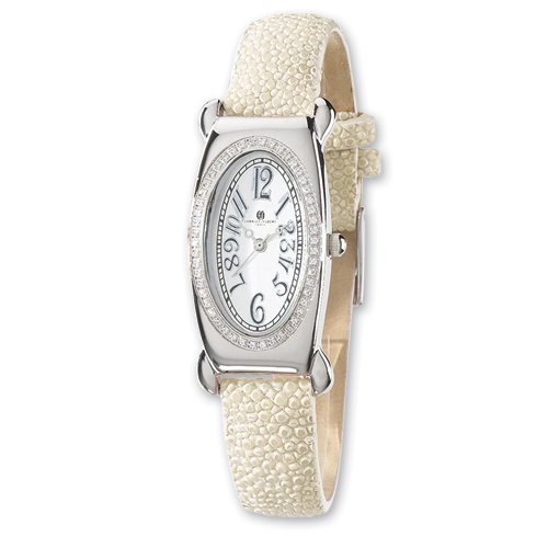 Ladies Charles Hubert White Stingray 0. 68ct.  Diamond 21x38mm Watch3 atm water resistanceArabic numeralsBuckle to buckle warrtChrome handsDiamond accentsG/H in colorGenuine stingray bandSapphire cr...
