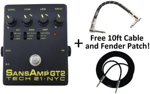 Tech 21 SansAmp GT2 Tube Amp Emulator Guitar Pedal with StageMaster 10 Foot Cable and Fender 6 Inch Patch!