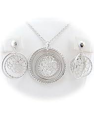 Rhodium Plated Sterling Silver Concentric Rings Laser Cut Filigree Flower Lace Circle Pendant Cable Chain Necklace Earrings Italy