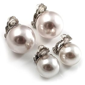 Set of 2 Snow White Faux Pearl Clip-On Earrings (15mm,12mm)