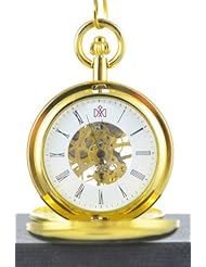 Tirio Golden Brass Skeleton Pocket Watch Chain Mechanical Hand Wind Full Hunter Steam