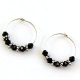 Black Swarovski Crystal and Antiqued Silver Hoop Earrings, 1"