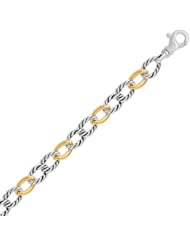 18K Yellow Gold and Sterling Silver Polished and Cable Designed Chain Bracelet