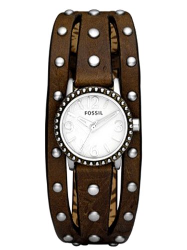 Fossil Women's JR1177 Studded Brown Leather Strap White Analog Dial Watch