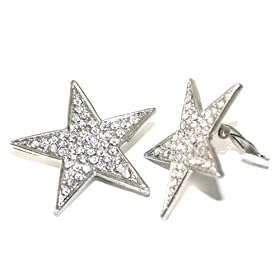 LARGE Crystal Star Clip-On Earrings Silver Tone