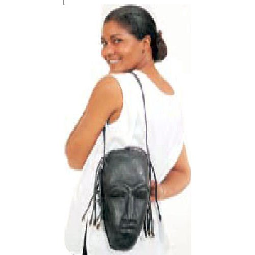 Black Leather Purse - African Face Mask Design