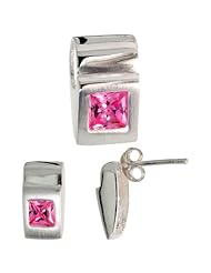 Sterling Silver Matte-finish Fancy Earrings (11mm tall) & Pendant Slide (15mm tall) Set, w/ Princess Cut Pink Tourmaline-colored CZ Stones