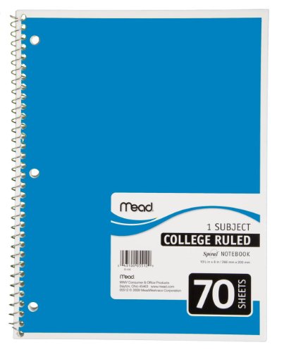 Mead Spiral Notebook, 1-Subject, 70-Count, College Ruled, Light Blue (05512)
