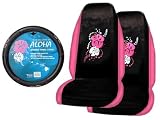 A Set of 2 Universal Fit Hawaiian Aloha Pink Seat Covers and 1 Comfort Grip Steering Wheel Cover