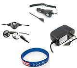 Samsung Messenger II R560 Accessory Bundle- Stereo Headset Hands-free + Auto Car Vehicle Charger + Home Wall Travel Charger + Free Stars Stripes Wristband
