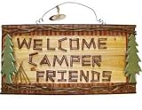 Hand-Crafted Welcome Camper Friends Welcome Sign Plaque With Green Pine Trees And A Natural Wood Log Twig Look (Made Of Wood) 19.5