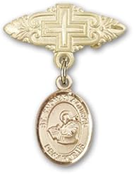 14K Gold Baby Badge with St. Thomas Aquinas Charm and Badge Pin with Cross