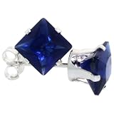 Sterling Silver Sapphire Blue 1 1/4 Carat Size (6 mm) Princess Cut CZ Stud Earrings