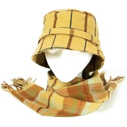 New Plaid Stripe Bucket Cap Hat Scarf Wrap Set Beige Small Medium