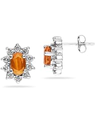 6X4mm Oval Shaped Citrine and Diamond Flower Earrings in 14k White Gold
