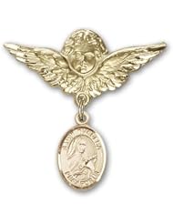 Gold Filled Baby Badge with St. Theresa Charm and Angel with Wings Badge Pin