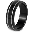 Black Plated Stainless Steel Ring with Grooved Lines (6.9 mm) - Sizes 6 - 13