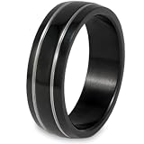Black Plated Stainless Steel Ring with Grooved Lines (6.9 mm) - Sizes 6 - 13