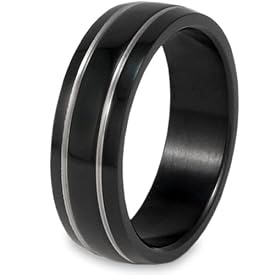 Black Plated Stainless Steel Ring with Grooved Lines (6.9 mm) - Sizes 6 - 13