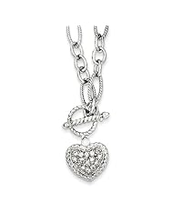 Sterling Silver 18in CZ Heart Charm and Toggle Link Necklace. Metal Wt- 17.2g
