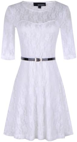 Sumous Women Ladies Sexy Scoop Neck 3/4 Sleeve Lace Dresses With Belt