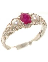 Ladies Solid 9K White Gold Natural Ruby & Pearl Victorian Trilogy Band Ring - Finger Sizes 4 to 12 Available
