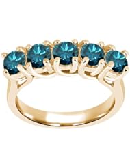 1.35 Ct Round Blue SI1/SI2 Diamond 18K Yellow Gold Ring