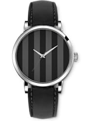 SPRAWL Aanalog Fashion Series Silver Ladies Watches of Genuine Black Leather Strap,Unique Wrist Watch for Women Girls Designed with Gray and black bars