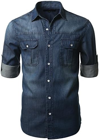 MONDAYSUIT Men's 100% Cotton Denim Plaid & Checked Pattern Long Sleeve Shirts