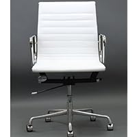 Ribbed Mid Back Office Chair in Genuine White Leather and Aluminum Base