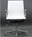 Ribbed Low Back Office Chair in Genuine White Leather and Aluminum Base