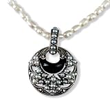Trinity Black Agate Silver Natural Seed Pearl Pendant w. White Cultured Pearl Chain Necklace - Dahlia Vintage Collection