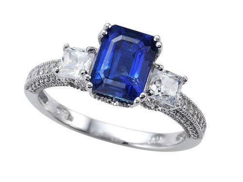3.52 cttw Zoe R(tm) 14k Gold Plated 925 Silver Engagement Ring with 14 genuine Diamonds and 8x6mm Emerald Cut Lab Created Sapphire by - Gold Plated Silver