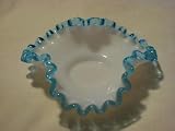 Vintage Fenton Milk Glass Crimped w/ Blue Aqua Silver Crest Edge 5 Inch Candy / Bon Bon Dish