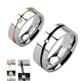 Stainless Steel IP Striped Single CZ Ring - Size:5